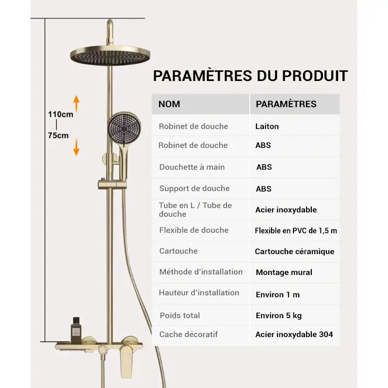 Colonne de douche pour baignoire pommeau arrondi