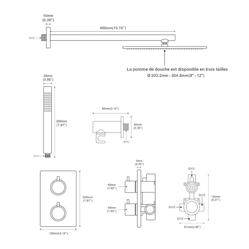 Colonne de douche encastrable avec douchette thermostatique