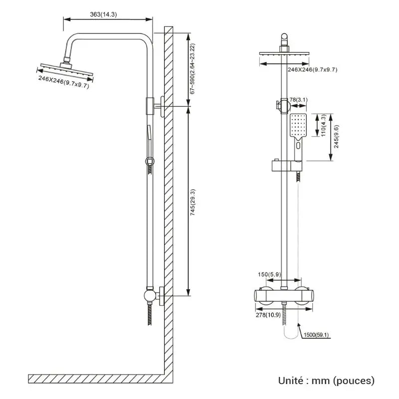 Colonne de douche en inox thermostatique - Argent