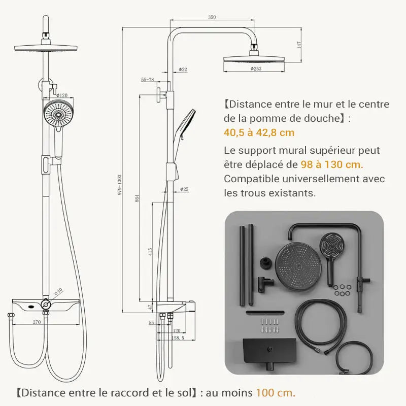 Colonne de douche sans robinetterie réglable
