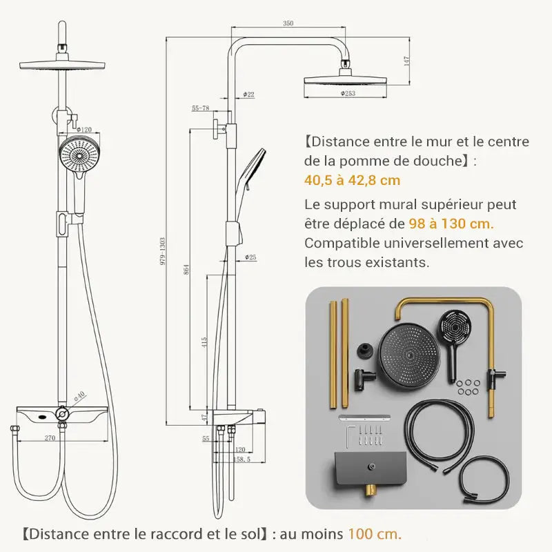 Colonne de douche sans robinetterie réglable
