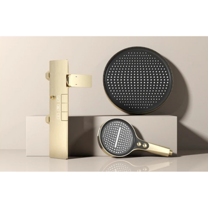 Colonne de douche dorée avec tablette