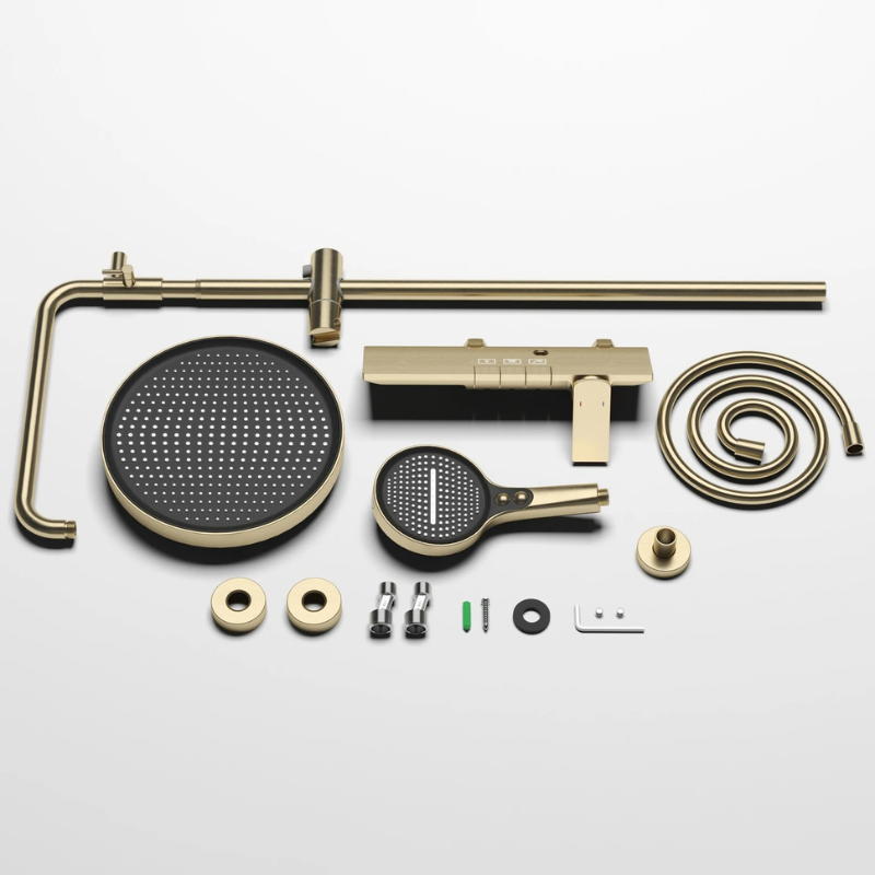 Colonne de douche dorée avec tablette