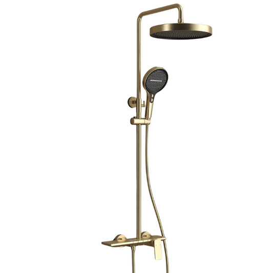 Colonne de douche dorée avec tablette