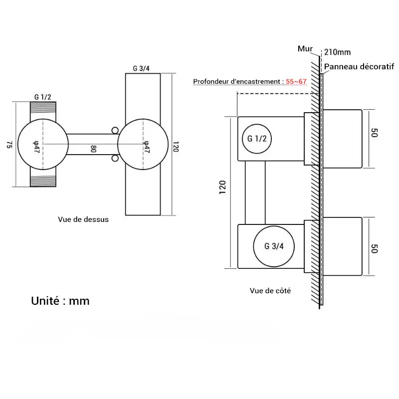 Colonne de douche encastrable avec douchette thermostatique