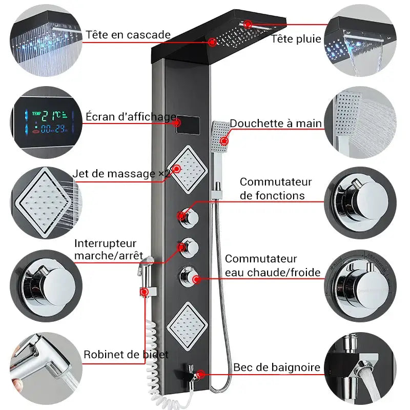 Colonne de douche hydromassante à LED - Noir