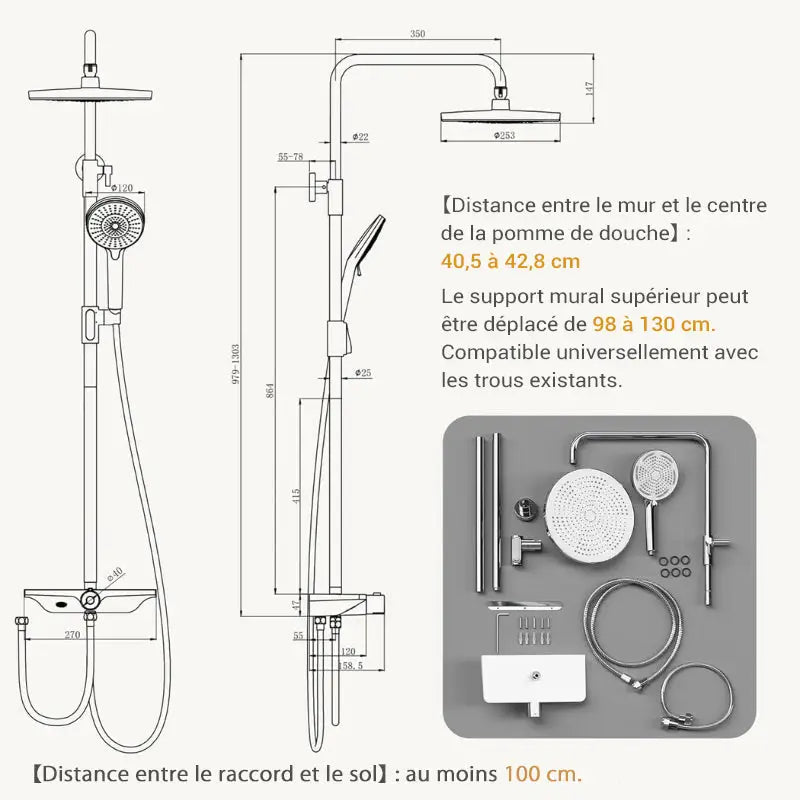 Colonne de douche sans robinetterie réglable